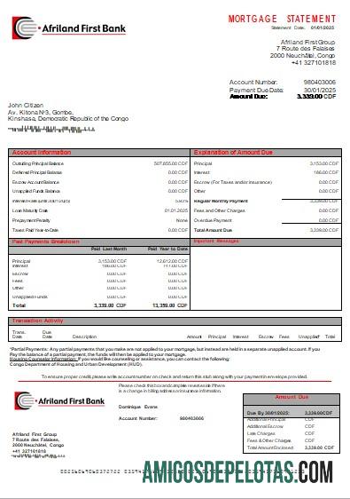 Declaração de hipoteca do primeiro banco do Congo Afriland Scr amostra